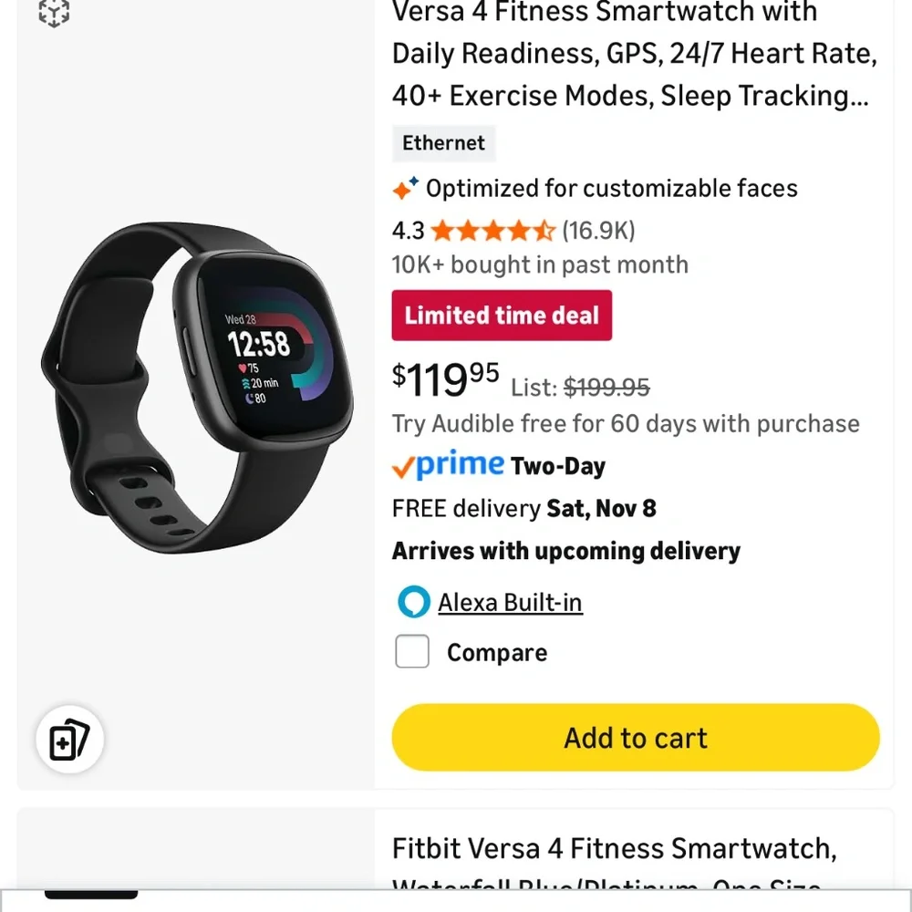 Fitbit Versa 4 Fitness Smartwatch with Daily Readiness, GPS, 24/7 Heart Rate, 40 - Picture 2 of 5